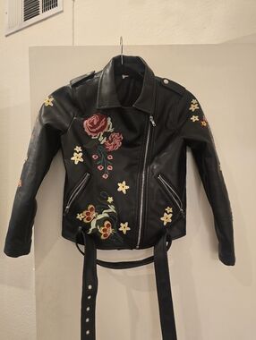 Kids Size 10 Embroidered Black Floral Moto Jacket